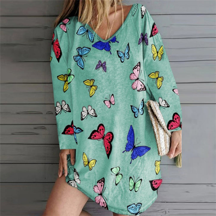 Damen lässiges Strandkleid mit buntem Schmetterlingsmuster und weiten Ärmeln Drune