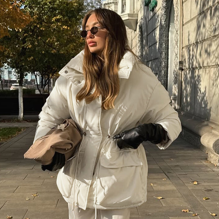 Damen Oversized Daunenjacke mit Taillenzug und hohem Kragen Drune