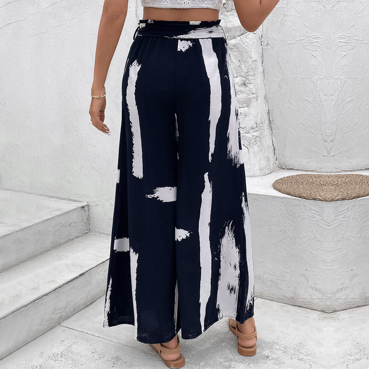 Damen Weite Palazzo-Hose mit modischem Bindegürtel und grafischem Muster Drune