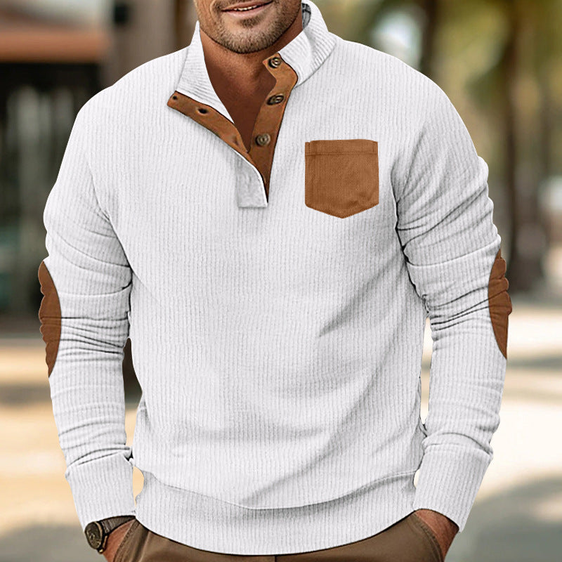 Herren eleganter Strickpullover mit Knopfleiste und kontrastierenden Ellbogenpatches Drune