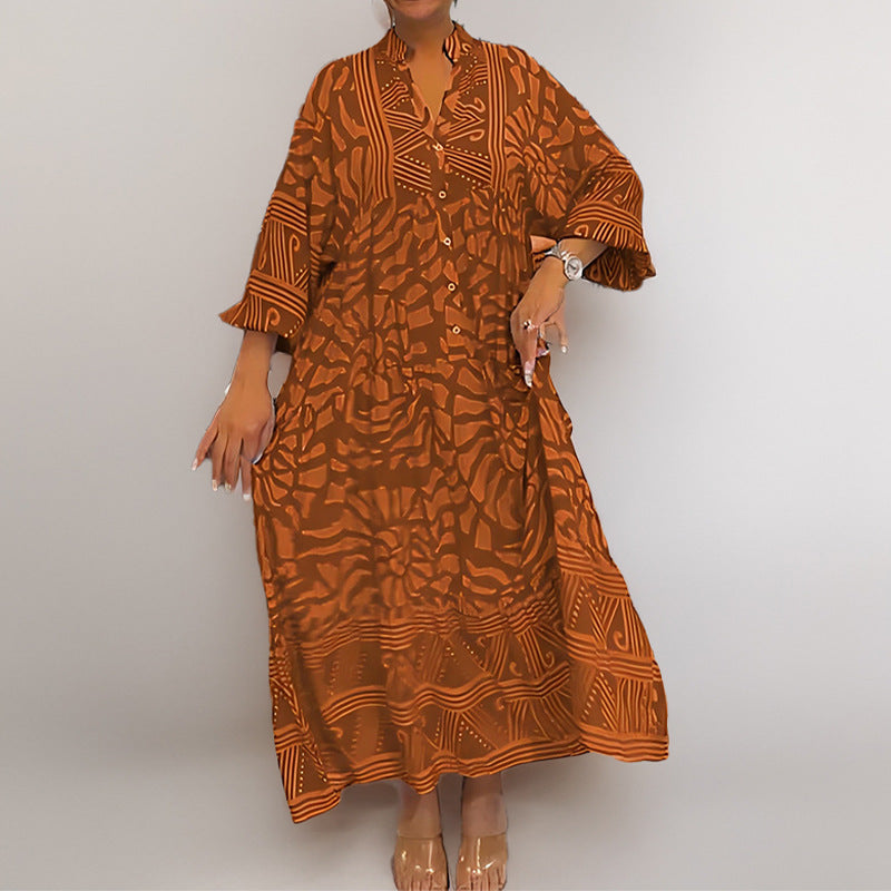 Damen Maxikleid mit modernem grafischem Design und elegantem V-Ausschnitt Drune