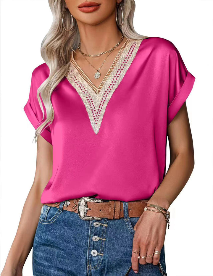 Damen Satin Bluse mit elegantem V-Ausschnitt und raffinierten Spitzenakzenten Drune