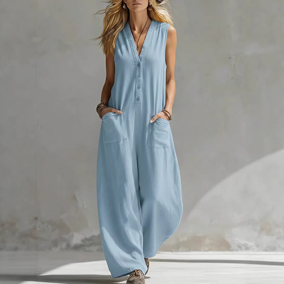 Damen Jumpsuit mit tiefem V-Ausschnitt und praktischen Taschen Drune