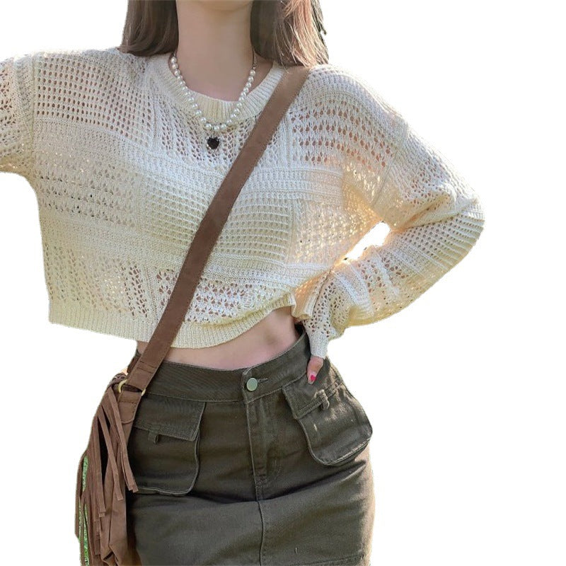 Damen luftiger Cropped Pullover mit modernem Lochstrickdesign Drune