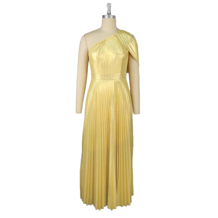 Damen Elegantes Maxi-Kleid mit asymmetrischem Schulterdesign und schimmerndem Plisseestoff Drune