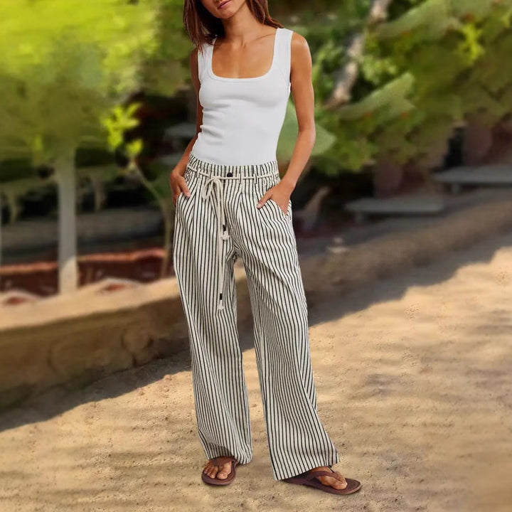Damen Weite Leinenhose mit Streifenmuster und verstellbarem Bund Drune