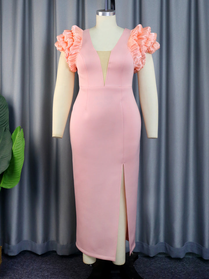 Damen Elegantes Maxikleid mit voluminösen Rüschenschultern und sexy Schlitz Drune