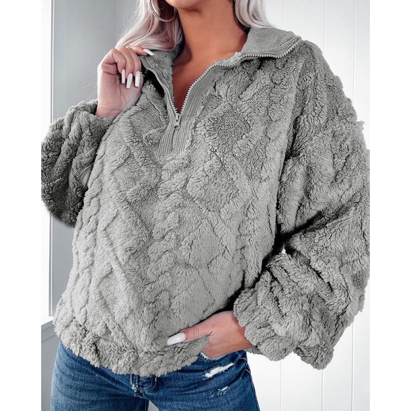 Damen Kuscheliger Fleece-Pullover mit hohem Kragen und Halb-Reißverschluss Drune