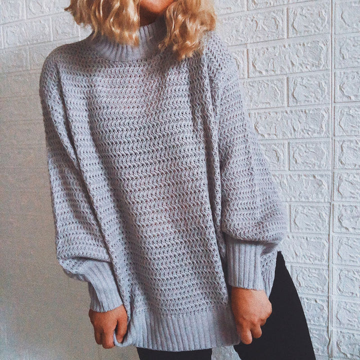 Damen lässiger Strickpullover mit hohem Kragen und voluminösen Ärmeln Drune