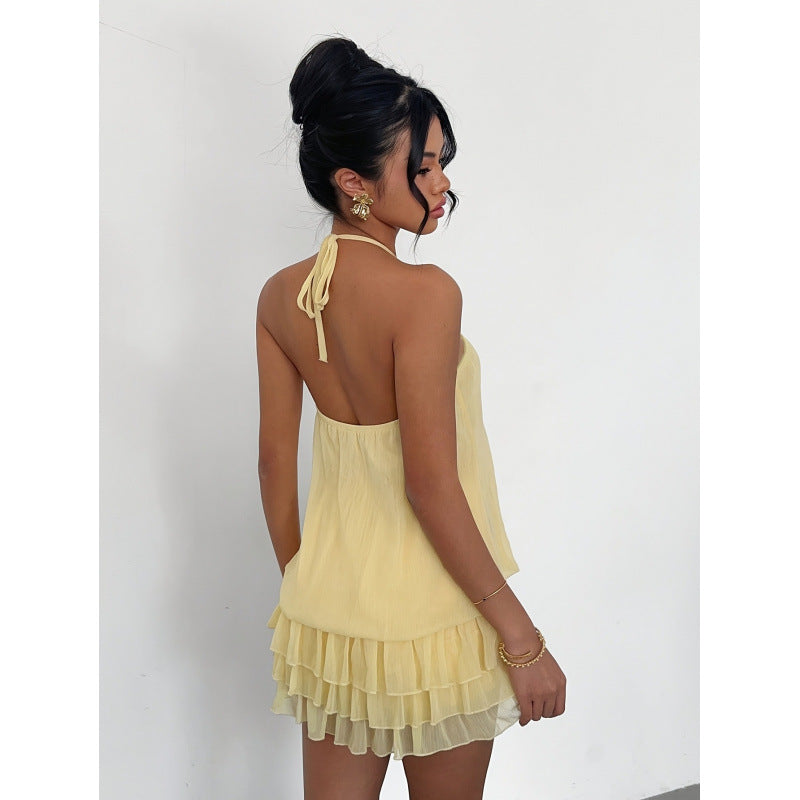 Damen Neckholder Kleid mit Rüschendetails und floralem Akzent Drune