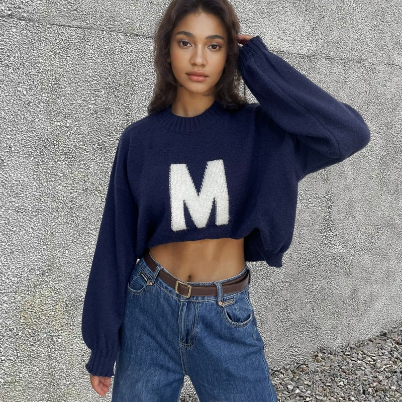 Damen Oversized Strickpullover mit einzigartigem Frontmotiv Drune