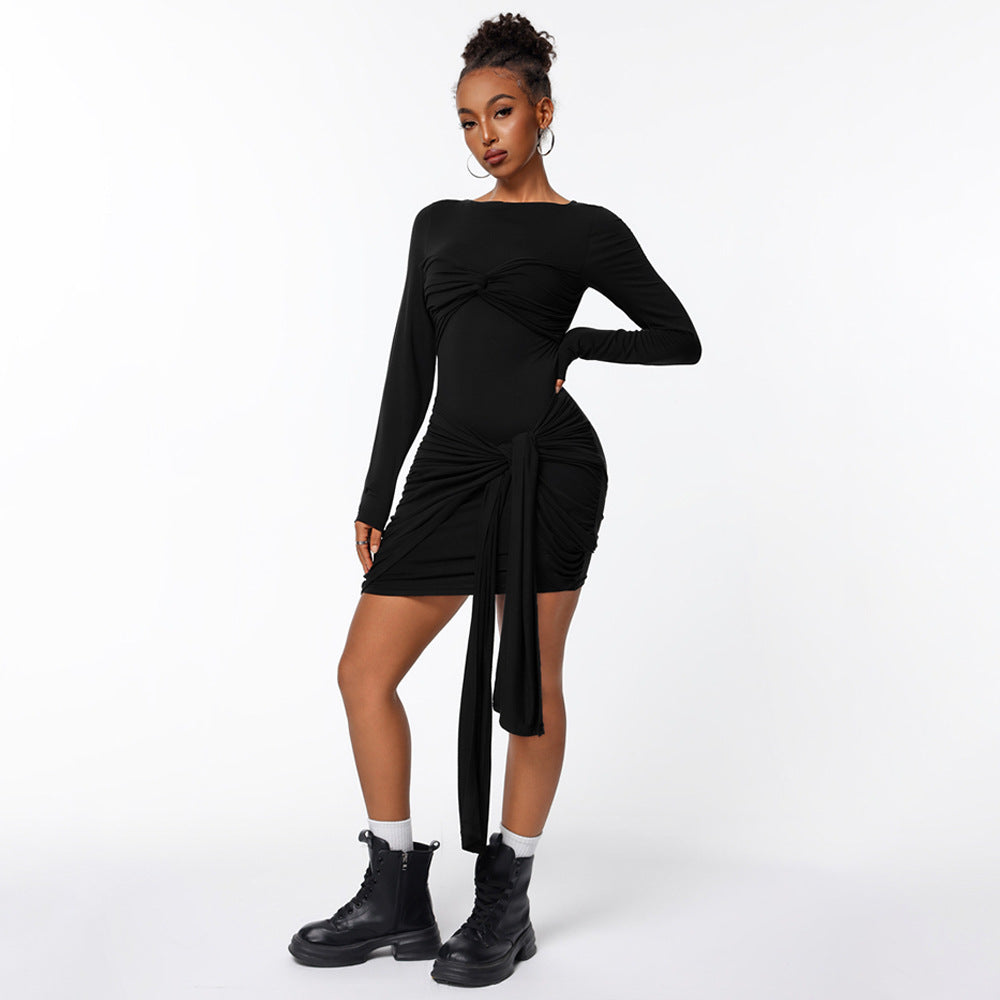 Damen figurbetontes Wickelkleid mit langen Ärmeln und seitlichem Raffungseffekt Drune