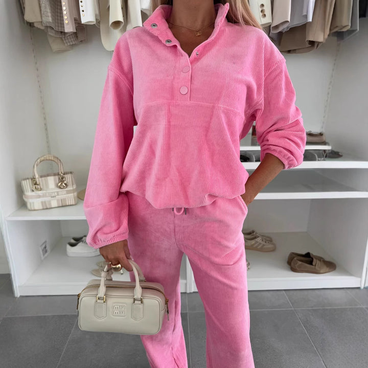 Damen bequemer Fleece-Loungewear-Anzug mit Knopfdetails Drune