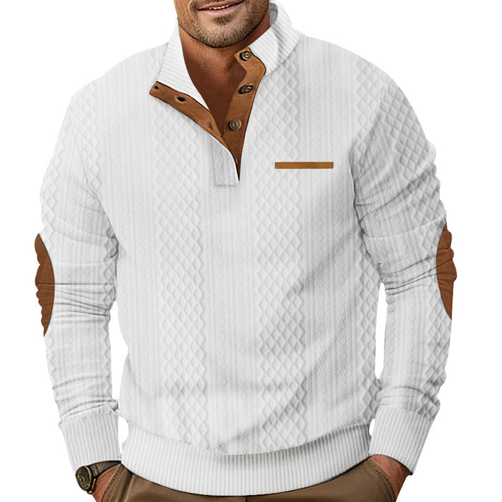 Herren nan strukturierter Strickpullover mit Stehkragen, Knopfleiste und Ellenbogenpatches Drune