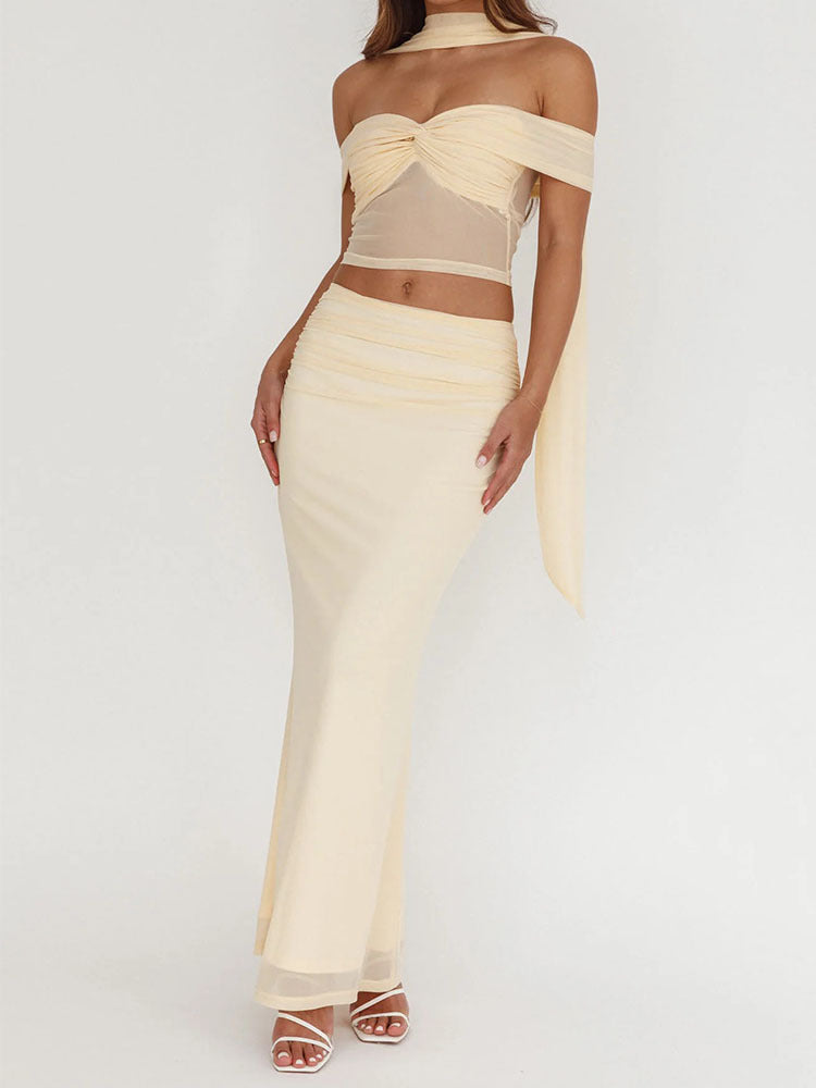 Damen elegantes Wickelkleid mit schulterfreiem Oberteil und drapierter Silhouette Drune