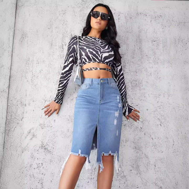 Damen Midirock im modernen Vintage-Design mit lässigem Used-Look und Fransenabschluss Drune