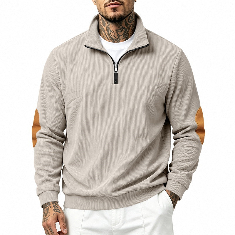 Herren nan Halbzip-Sweatshirt mit Stehkragen, feiner Waffelstruktur und Lederoptik-Ellenbogenpatchs Drune