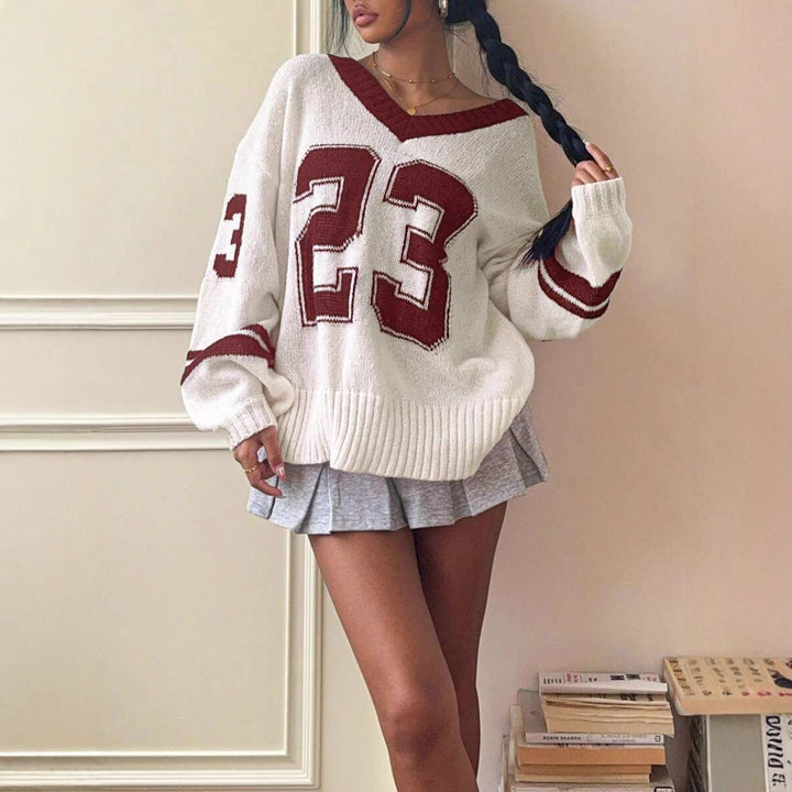 Damen Sportlicher V-Ausschnitt Pullover im lässigen College-Stil Drune