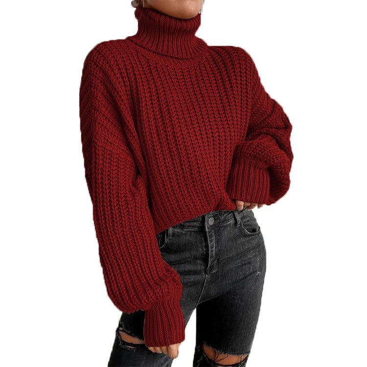 Damen Grobstrickpullover mit hohem Kragen und überschnittenen Schultern Drune