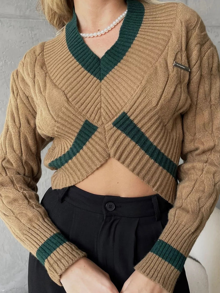 Damen Cropped Strickpullover mit V-Ausschnitt und Kontraststreifen Drune