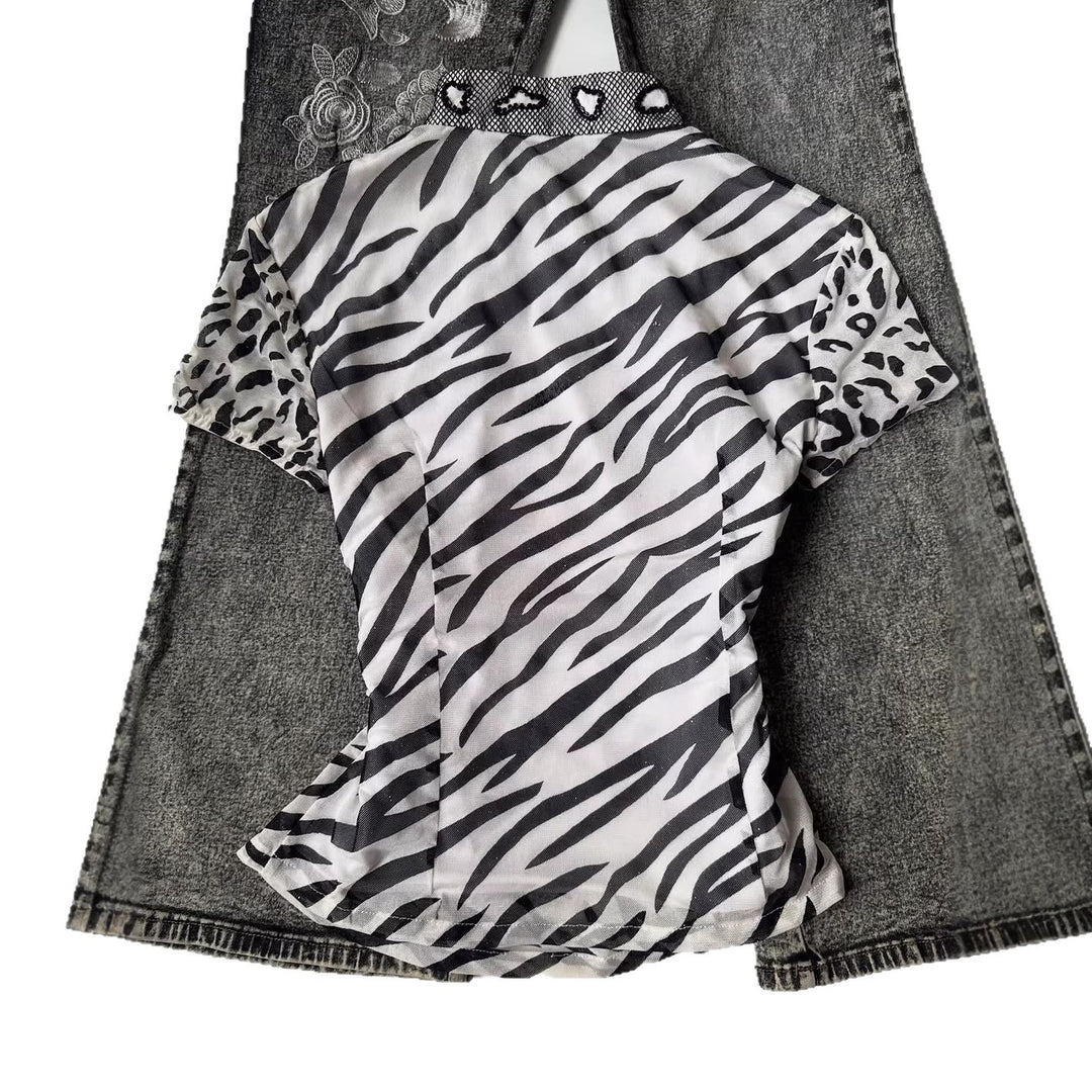 Damen Modisches T-Shirt mit tierischem Muster und dekorativem Kragen Drune