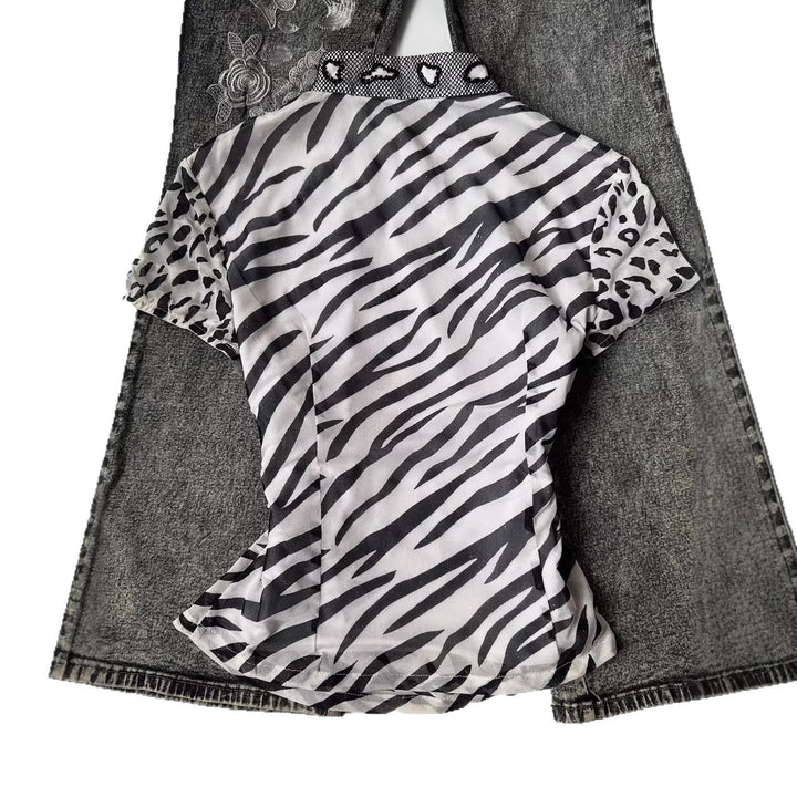 Damen Modisches T-Shirt mit tierischem Muster und dekorativem Kragen Drune