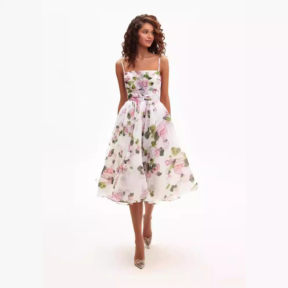 Damen Midi-Kleid mit floralem Chiffon und elegantem Taillengürtel Drune