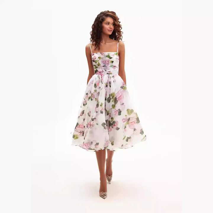 Damen Midi-Kleid mit floralem Chiffon und elegantem Taillengürtel Drune