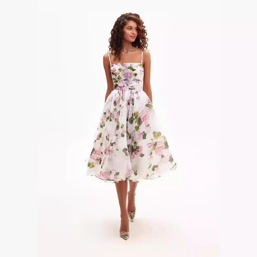 Damen Midi-Kleid mit floralem Chiffon und elegantem Taillengürtel Drune