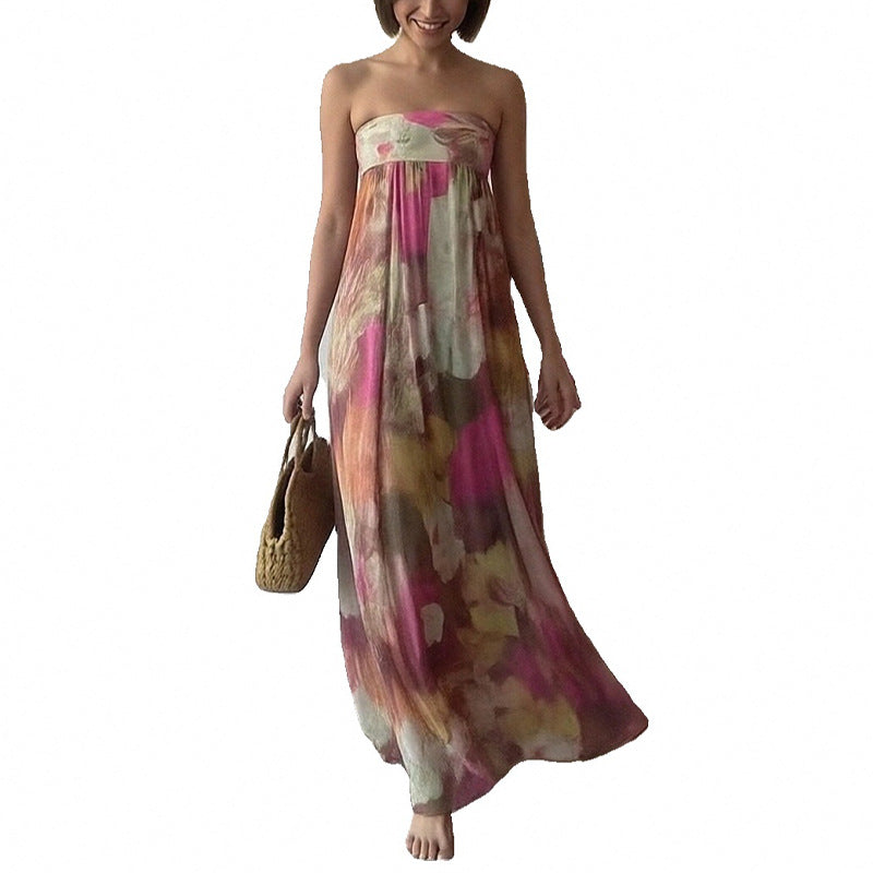 Damen Lange Strandkleid mit schulterfreiem Design und floralem Muster Drune