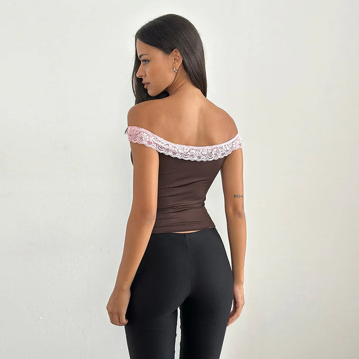 Damen Off-Shoulder Top mit Spitzenakzenten Drune