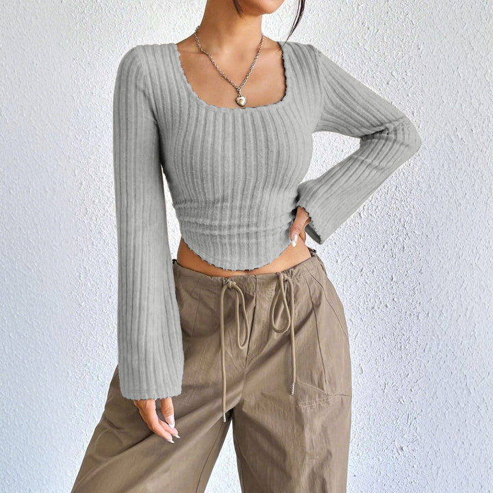 Damen Langarm-Crop-Top mit dekorativem Rippdesign und abgerundetem Saum Drune