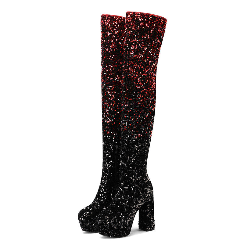 Damen Hochglanz Glitzer Oberschenkelhohe Plateau Stiefel Drune