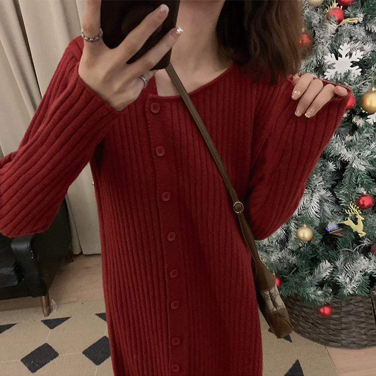 Damen Strickkleid mit hohem Kragen und Knopfverschluss Drune