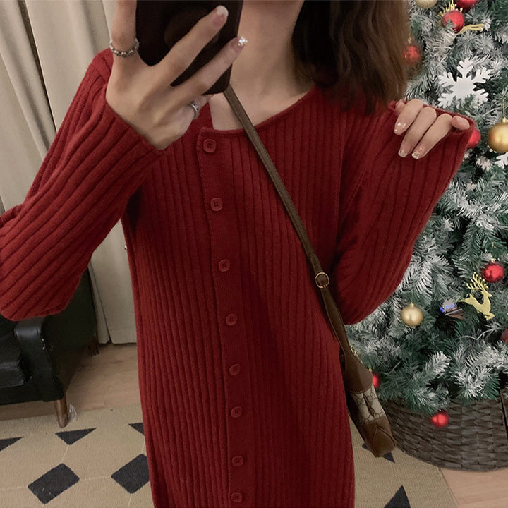Damen Strickkleid mit hohem Kragen und Knopfverschluss Drune