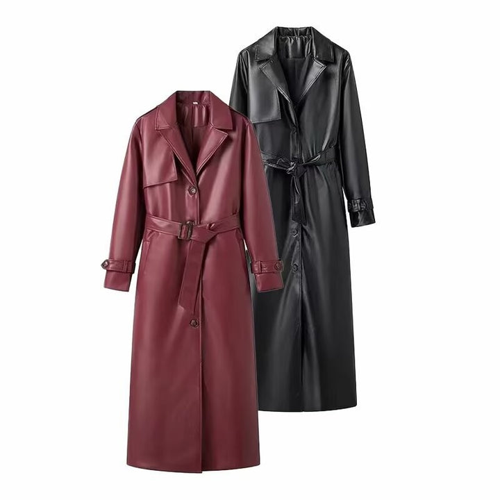 Damen leichte Kunstleder-Trenchjacke mit dekorativem Gürtel und modernen Details Drune