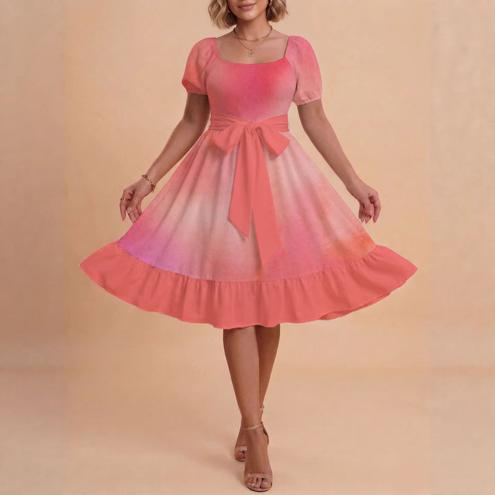 Damen Retro Maxikleid mit Puffärmeln und Taillengürtel Drune