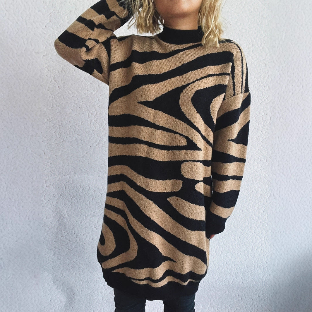 Damen oversized Strickpullover mit modernem Zebramuster Drune