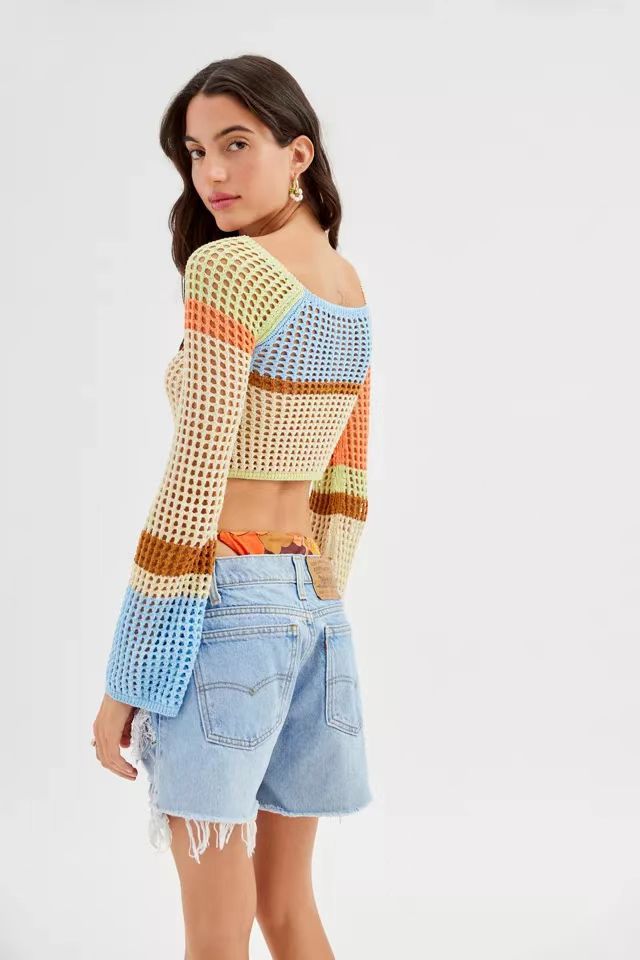 Damen gehäkeltes Crop-Top mit weiten Ärmeln und bunten Streifen Drune