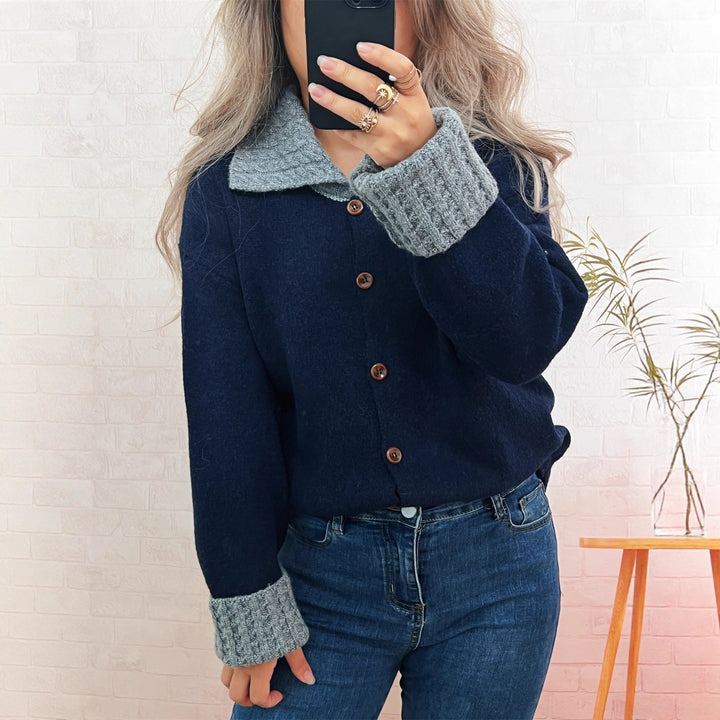 Damen lässige Strickjacke mit breitem Kragen und Knopfdetails Drune