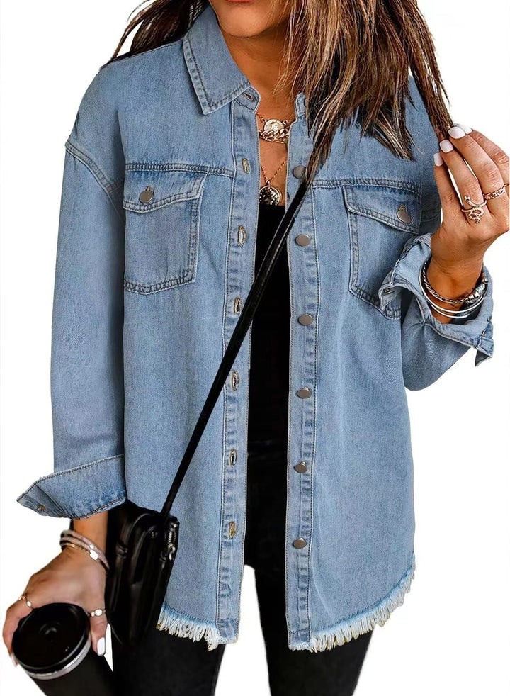 Damen Jeanshemd mit fransigem Saum und praktischen Taschen Drune