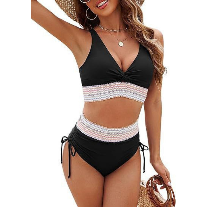 Damen Bikinioberteil mit hoher Taille und dekorativem Strickmuster Drune