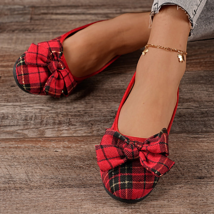 Damen  karierter Ballerina Slipper mit dekorativer Schleife und gepolstertem Komfortfußbett Drune