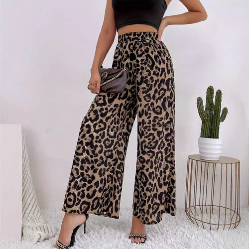 Damen Weite Leopard-Hosen aus fließendem Material mit elastischem Bund Drune