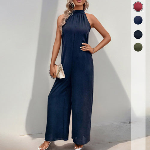 Damen eleganter Jumpsuit mit hohem Stehkragen und weitem Bein Drune