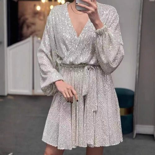 Damen Glitzerndes Mini-Kleid mit V-Ausschnitt und eleganten Puffärmeln Drune