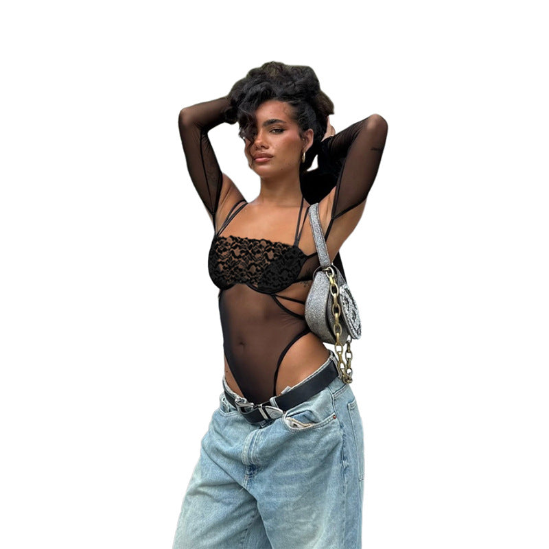 Damen Einteiler Bodysuit mit eleganter Spitzendekoration und transparenter Optik Drune