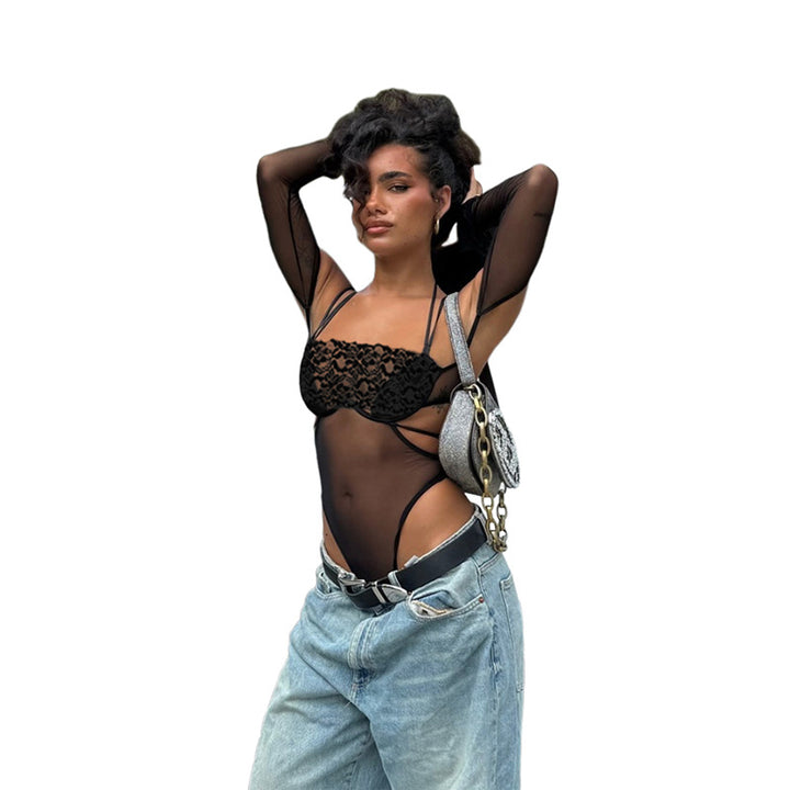 Damen Einteiler Bodysuit mit eleganter Spitzendekoration und transparenter Optik Drune