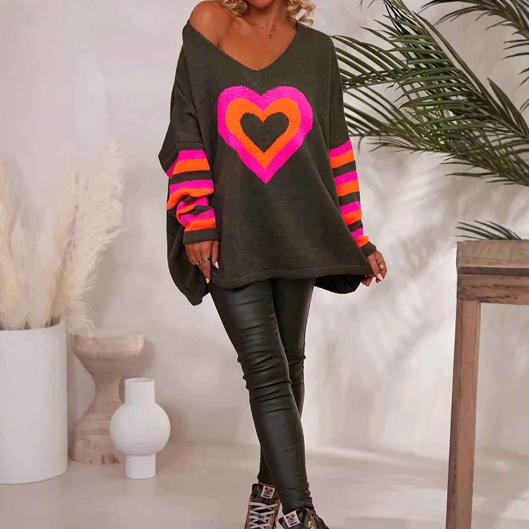 Damen Oversized Pullover mit Herzmotiv und bunten Streifen Drune