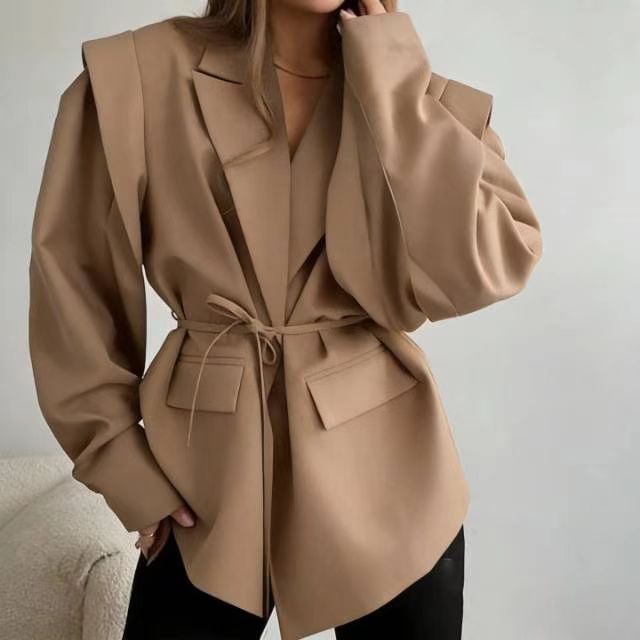 Damen nan taillierter Blumenblazer mit Bindegürtel und Reverskragen Drune